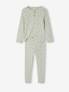 Pyjama in ribstof met tuniekkraag en bloemenmotieven saliegroen