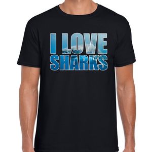 Tekst t-shirt I love sharks met dieren foto van een haai zwart voor heren