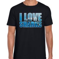 Tekst t-shirt I love sharks met dieren foto van een haai zwart voor heren - thumbnail