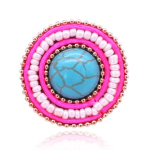 Handgemaakte verstelbare ring Boho wit blauw met leer en turkoois