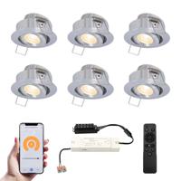 Set van 6 Sienna Smart LED Mini Inbouwspots - Veranda spots - 12V 3W 200lm - Dimbaar - Kantelbaar - Wifi & Bluetooth - 2700K - IP44 - RVS