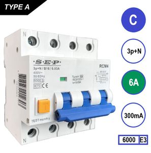 RCM4 Aardlekautomaat 3 polig+nul C6 300mA 6kA SEP