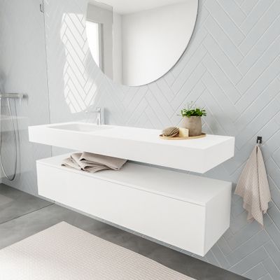 Mondiaz Alan badmeubel 150 cm talc 1 lade vrijhangend wastafel links 1 kraangat wit