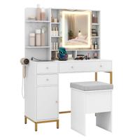 Make-up Tafel met Verlichte Spiegel Kaptafel & Kruk-set 3-kleuren-LED-verlichting Spiegelkast Wit