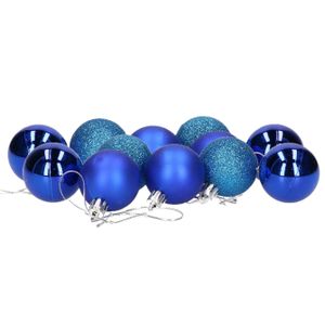 12x stuks kerstballen blauw mix van mat/glans/glitter kunststof 4 cm