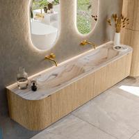 Badmeubel Mondiaz Kurve-Dlux | 200 cm | Meubelkleur Oak | Wastafelkleur Nata | Solid surface | Wasbak beide zijden spoelbak | Zonder kraangat(en)