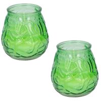 Set van 2x stuks citronella lowboy tafelkaarsen - 10 cm - groen glas