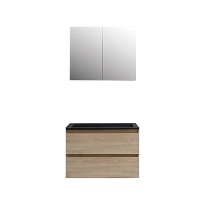 Badkamermeubel BWS Pepper Wastafel Acryl Mat Zwart Incl Spiegelkast 2 Deurs Met Kraangat 80x55x46 cm Eiken