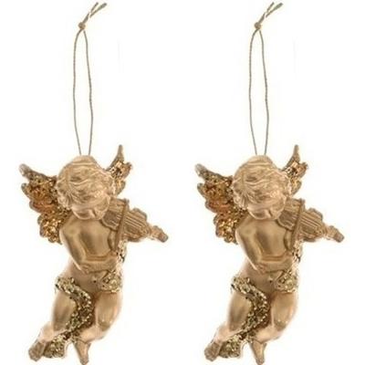 Decoris engel met viool - 2x - goud - kunststof - 10 x 6 cm - kerstversiering - hangdecoratie