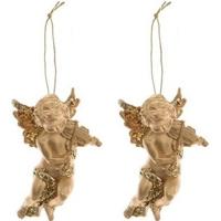 Decoris engel met viool - 2x - goud - kunststof - 10 x 6 cm - kerstversiering - hangdecoratie