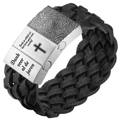 Vingerafdruk op je armband - Zwart of bruin gevlochten leren Armband (Kleur: Zwart gevlochten leer)