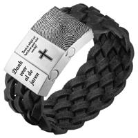 Vingerafdruk op je armband - Zwart of bruin gevlochten leren Armband (Kleur: Zwart gevlochten leer)