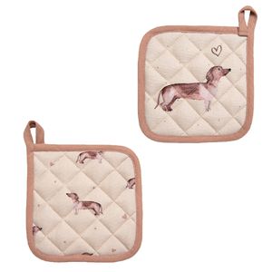 HAES DECO - Set van 2 Pannenlappen - 20x20 cm - 100% Katoen - Dachshund Love