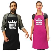 Koppel cadeau set: 1x Keuken prins keukenschort zwart heren + 1x Keuken prinses roze dames - thumbnail