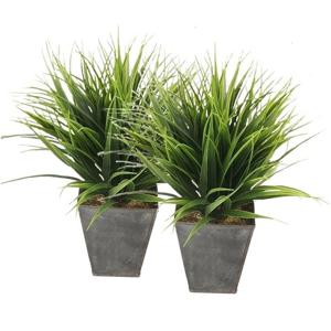 Grasplant in zwarte zinken pot - 2x - 30 cm - Kamerplant kunstplanten/nepplanten