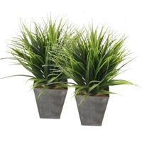 Grasplant in zwarte zinken pot - 2x - 30 cm - Kamerplant kunstplanten/nepplanten