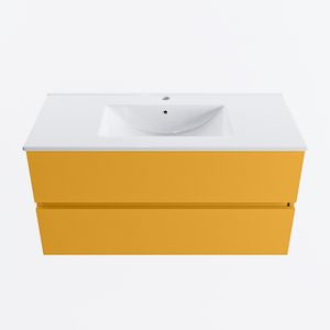 MONDIAZ VICA 100cm badmeubel onderkast Ocher 2 lades. Wastafel DENIA midden 1 kraangat, kleur Glanzend Wit.