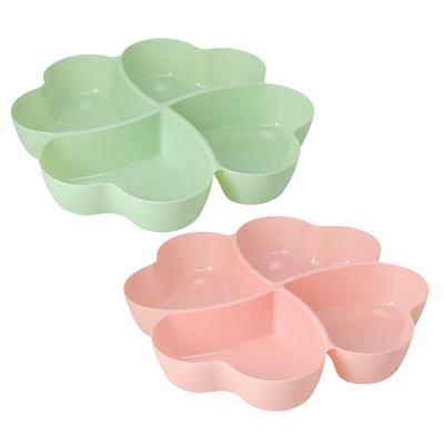 Snackschaal / serveerschaal bloem - set 2x - met vakverdeling - roze / groen - kunststof - D32 cm -
