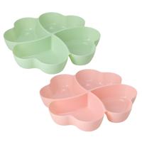Snackschaal / serveerschaal bloem - set 2x - met vakverdeling - roze / groen - kunststof - D32 cm -