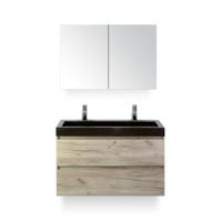 Maxx XL Badmeubelset 100 cm - Craft Oak - Wastafel Lucca 2 kraangaten - met Spiegelkast