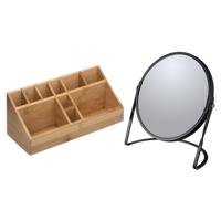 Make-up organizer en spiegel set - 10x vakjes - bamboe/metaal - 5x zoom spiegel - thumbnail