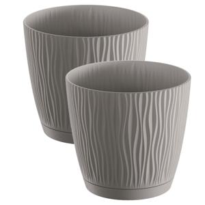 Plantenpot/bloempot Waves - 2x stuks - kunststof - steengrijs - D15 x H14 cm - binnen/buiten