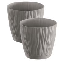 Plantenpot/bloempot Waves - 2x stuks - kunststof - steengrijs - D15 x H14 cm - binnen/buiten