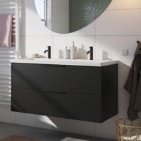 Saqu Lima badmeubel incl. glans witte wastafel met 2 kraangaten 120x52x64cm zijdeglans zwart - mat zwarte greep