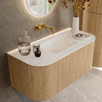 Mondiaz KURVE-DLUX 100 cm Onderkast Greeploos 1 Lade Met Deuren Oak, Wastafel Solid Surface MIdden Opalo 0 Kraangaten Zonder Spiegel (KRVGRU100L+R1L2D0KM-Oak/Opa)