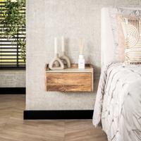 LifestyleFurn Hangend Nachtkastje 'Beckie' Mangohout en travertinlook, Met 1 lade