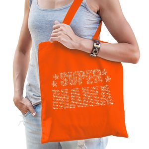 Glitter Super Mama katoenen tas oranje rhinestones steentjes voor dames - Moederdag   -