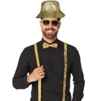 Verkleedset Rapper/Gangster - bretels/bril/strikje en visserhoedje - goud - 80's party/themafeest Verkleedset Rapper/Gangster - bretels/bril/strikje en visserhoedje - goud - 80's party/themafeest