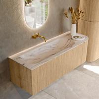 Badmeubel Mondiaz Kurve-Dlux | 135 cm | Meubelkleur Oak | Wastafelkleur Nata | Solid surface | Wasbak linker zijde spoelbak | Zonder kraangat(en)