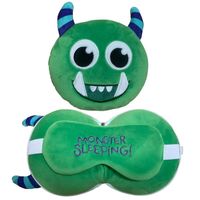 Groen monster knuffel/reiskussen/slaapmasker 3-in-1 voor kinderen - thumbnail