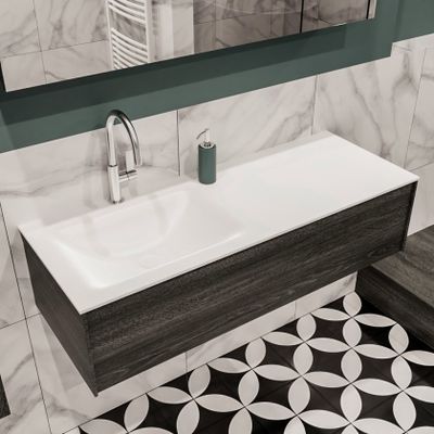 Mondiaz Lush Cloud badmeubel eiken Dark brown 120 cm 1 lade solid surface enkele spoelbak links 1 kraangat