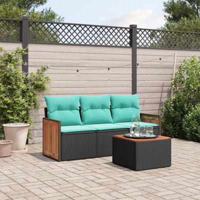 4-delige tuinbankset met kussens, zwart polyrotan