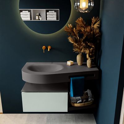 MONDIAZ RIVA 100cm badmeubel onderkast / planchet kleur Greey met 1 lade. Wastafel DULCET links 0 kraangaten kleur Dark_Grey. MONDIAZ RIVA 100cm badmeubel onderkast / planchet kleur Greey met 1 lade. Wastafel DULCET links 0 kraangaten kleur Dark_Grey.