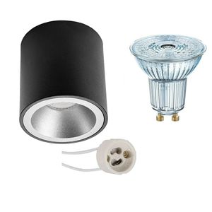 Opbouwspot Set - LEDVANCE Parathom PAR16 940 36D - Pragmi Cliron Pro - GU10 Fitting - Dimbaar - Opbouw Rond - Mat Zwart/Zilver - 3.7W - Natuurlijk Wit 4000K - Verdiept - Ø90mm