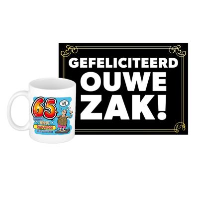 Verjaardag cadeau koffiemok 65 jaar - man - zwaarder- met gefeliciteerd ouwe zak wenskaart