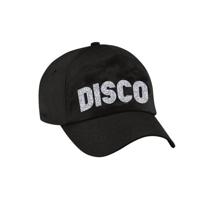 Disco thema verkleed petje - baseballcap - voor volwassenen - zilver glitter bedrukking - zwart