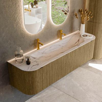 Badmeubel Mondiaz Kurve-Dlux | 170 cm | Meubelkleur Dusk | Wastafelkleur Nata | Solid surface | Wasbak midden spoelbak | 2 kraangaten