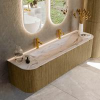 Badmeubel Mondiaz Kurve-Dlux | 170 cm | Meubelkleur Dusk | Wastafelkleur Nata | Solid surface | Wasbak midden spoelbak | 2 kraangaten