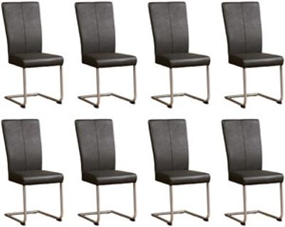 Set van 8 Donkergrijze leren industriële eetkamerstoelen Dry - poot rond rvs - Hermes Leer Antracite (donkergrijs leer)