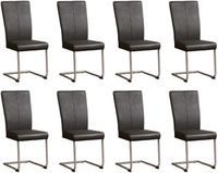 Set van 8 Donkergrijze leren industriële eetkamerstoelen Dry - poot rond rvs - Hermes Leer Antracite (donkergrijs leer)