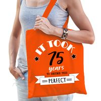 Cadeau tas voor dames - 75 en perfect - oranje - katoen - 42 x 38 cm - vijfenzeventig - shopper