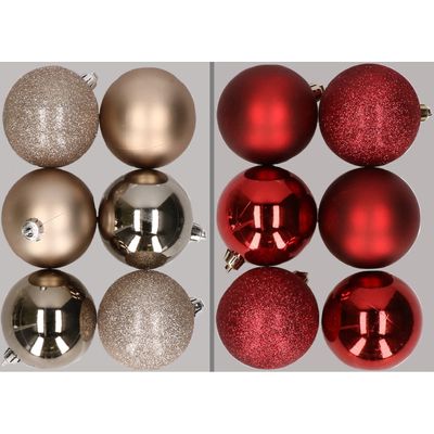 12x stuks kunststof kerstballen mix van champagne en donkerrood 8 cm