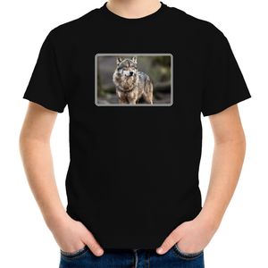 Dieren t-shirt met wolven foto zwart voor kinderen