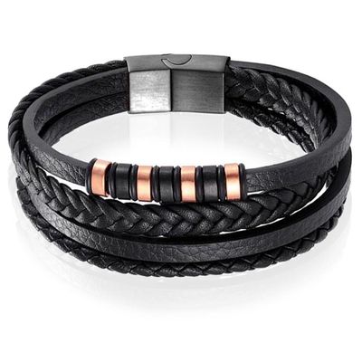 Leren heren armband Multi Mendes Edelstaal Zwart Rose