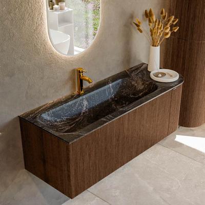 Badmeubel Mondiaz Kurve-Dlux | 125 cm | Meubelkleur Walnut | Wastafelkleur Lava | Solid surface | Links spoelbak | 1 kraangat