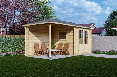 Interflex 2525Z Blokhut 250x250 met overkapping 250 cm 28 mm vuren groen geïmpregneerd